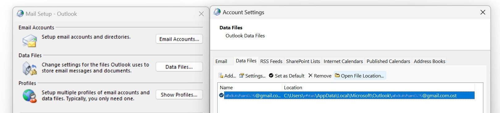 Clique no botão Abrir local do arquivo após selecionar o arquivo OST na guia Arquivos de dados