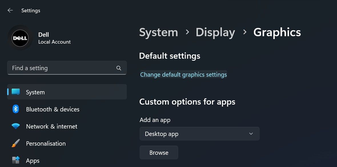 روی دکمه Change Default Graphics Settings در تنظیمات گرافیکی برنامه تنظیمات ویندوز کلیک کنید.
