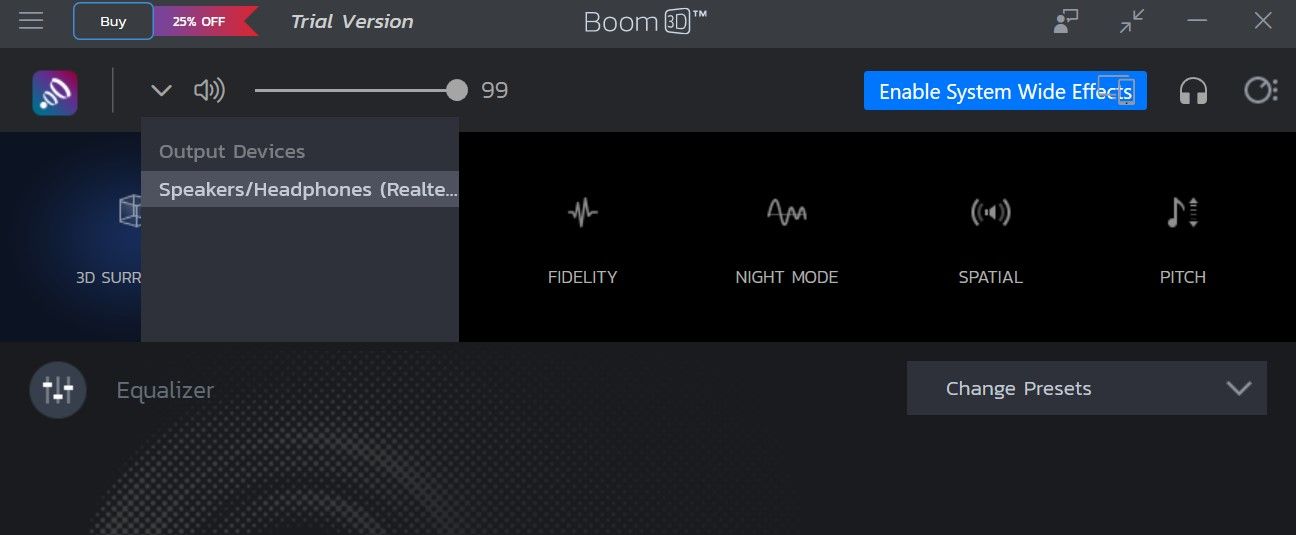 Включите и настройте определенные эффекты после выбора устройства вывода звука в приложении Boom 3D