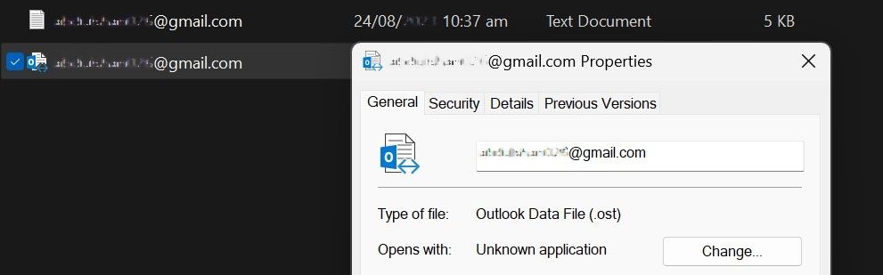 Certifique-se de que o tipo de arquivo seja OST acessando Propriedades no Windows File Explorer