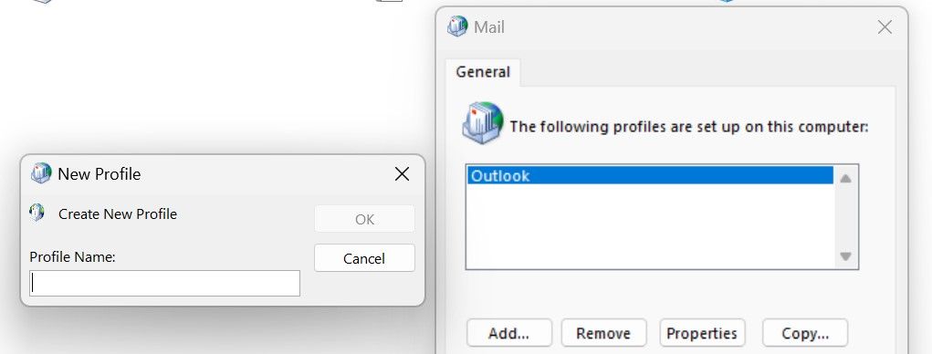 Clique no botão Adicionar no menu Mostrar perfis no Mail Configurações do Microsoft Outlook no Painel de controle do Windows