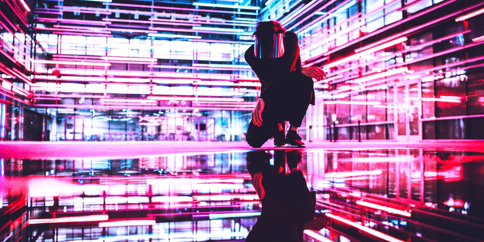 kneeling down in a futuristic environment