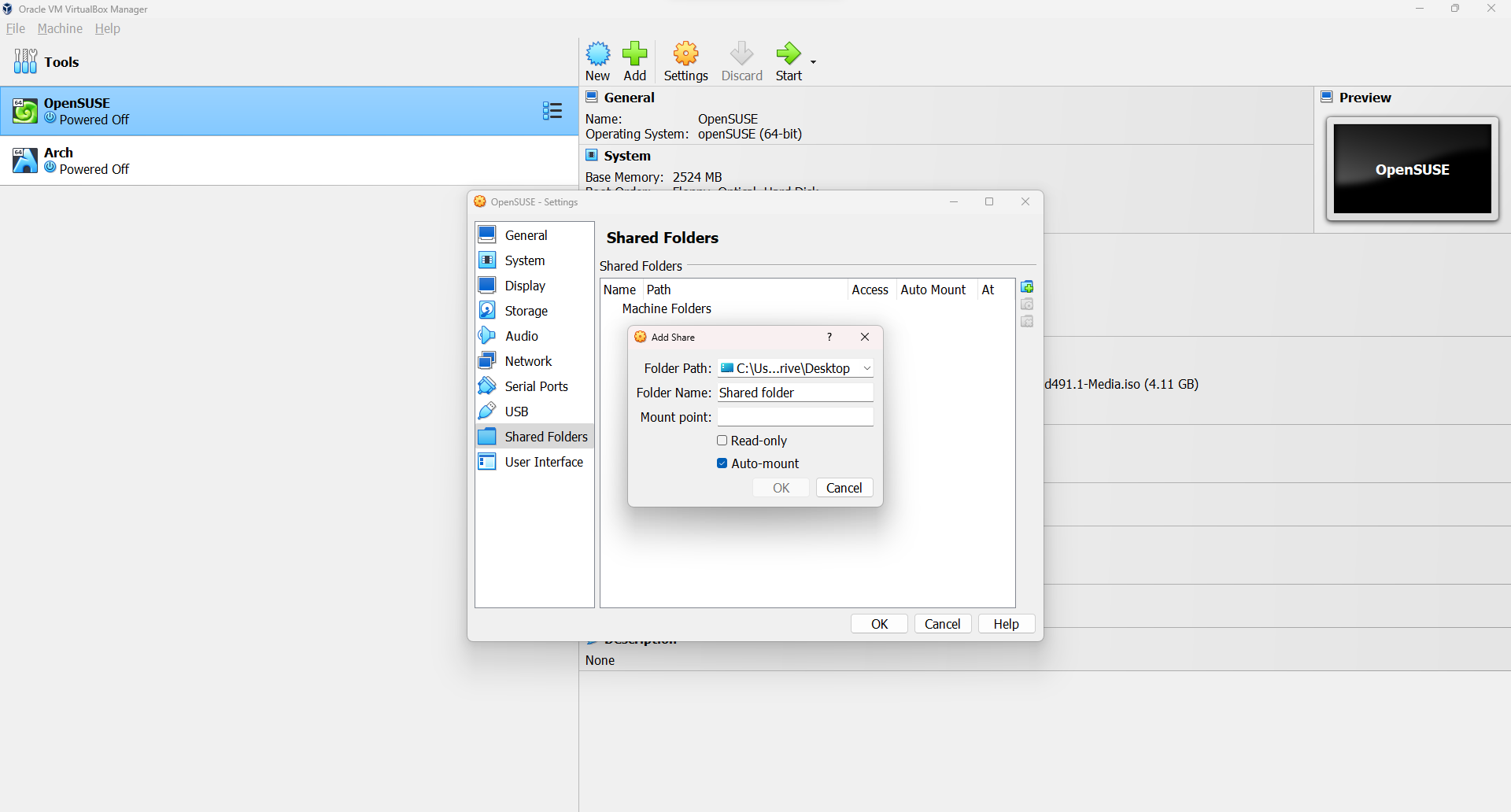 Shared folder settings on VirtualBox