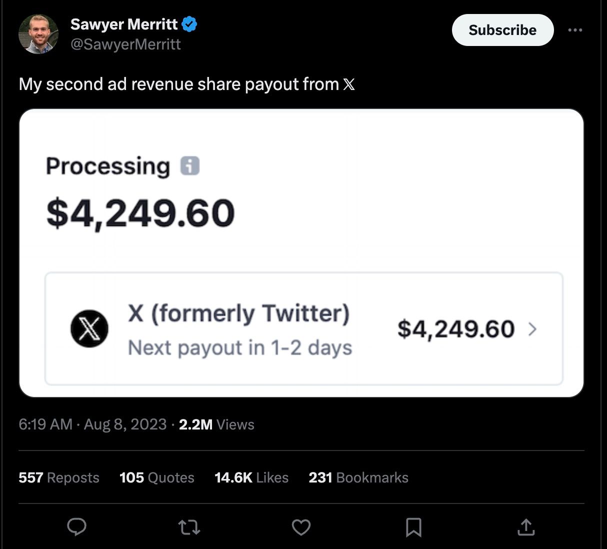 tweet showing xad revenue share payout from X