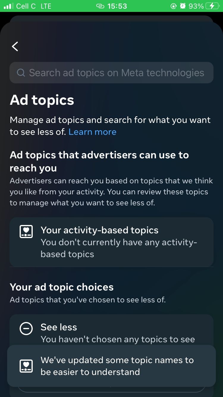 Ad topics page on the Instagram mobile app