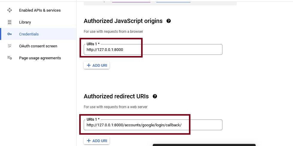Adicionando os URIs necessários para as origens JavaScript autorizadas e URIs de redirecionamento autorizados