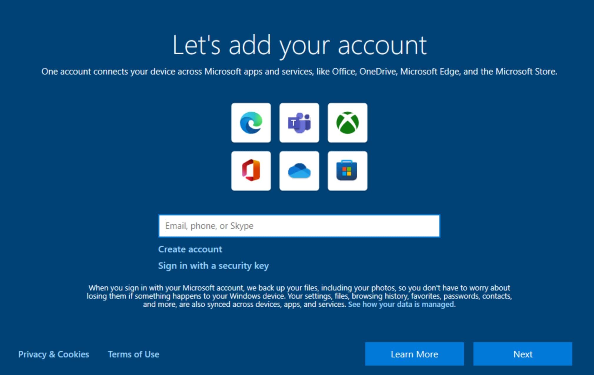 adding microsoft account windows installation