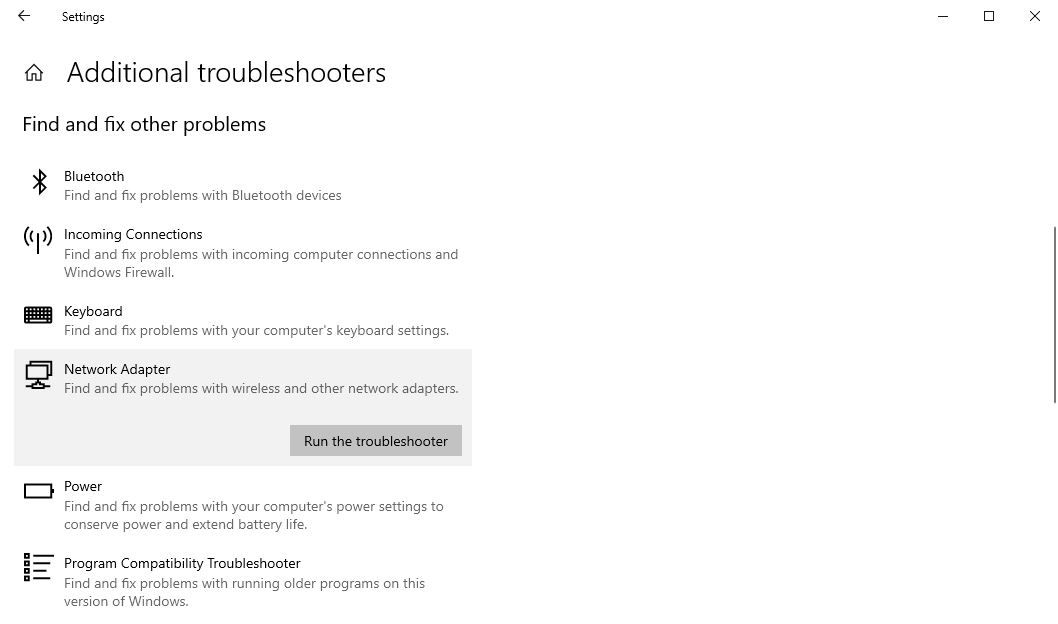 Network Adapter troubleshooter in additional troubleshooters settings
