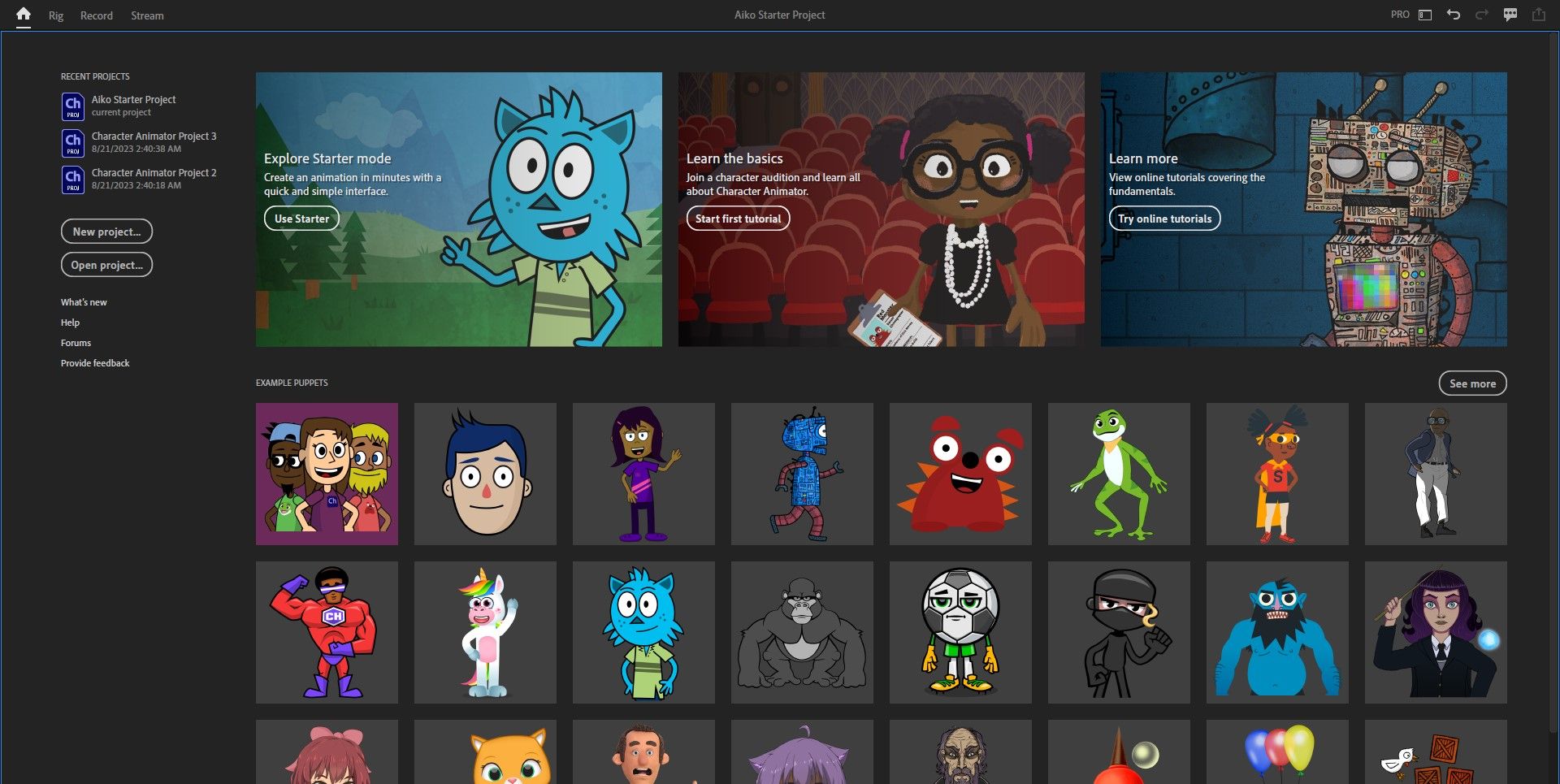 صفحه اصلی Adobe Character Animator