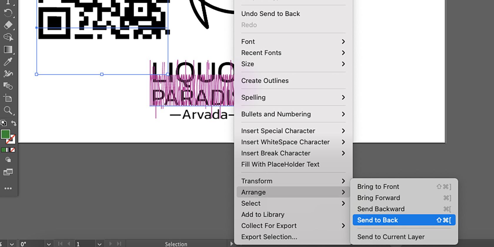 Opções de envio para trás do Adobe Illustrator.