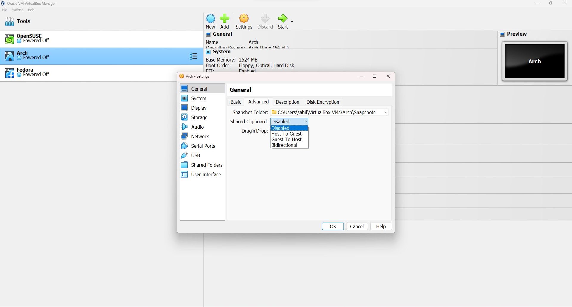 Advanced settings dialog box in VirtualBox