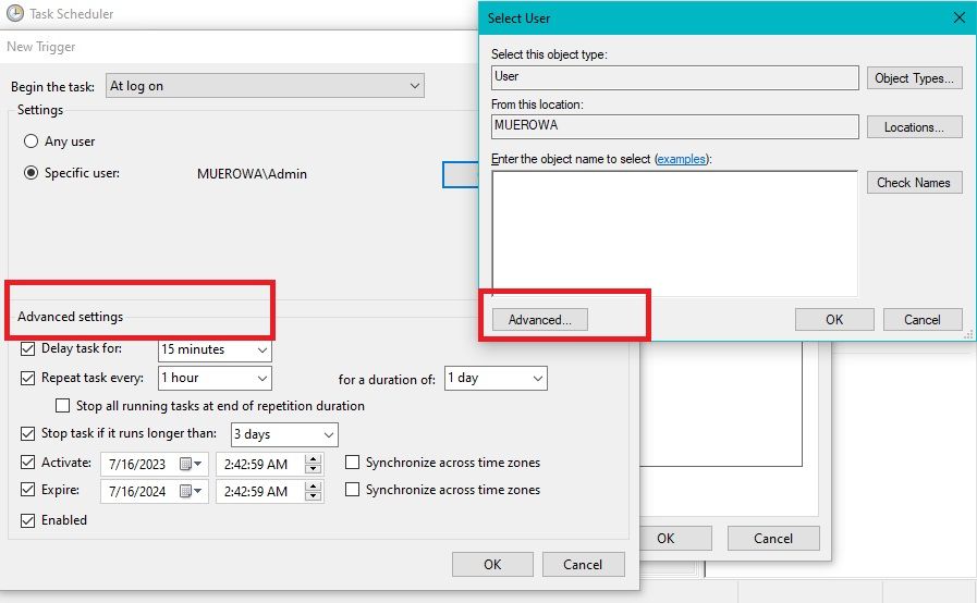 advanced trigger settings on the task scheduler