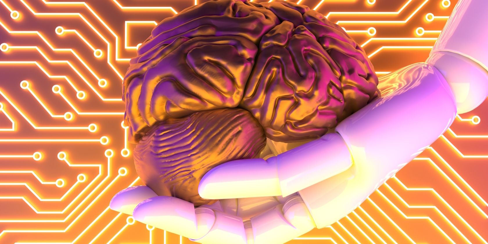 A robot hand holding an artificial brain