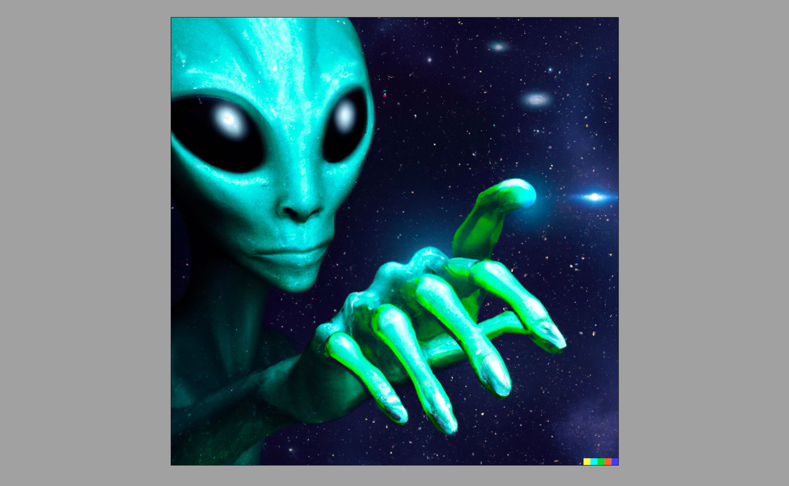 Imagem gerada por IA de um alienígena estendendo a mão no espaço