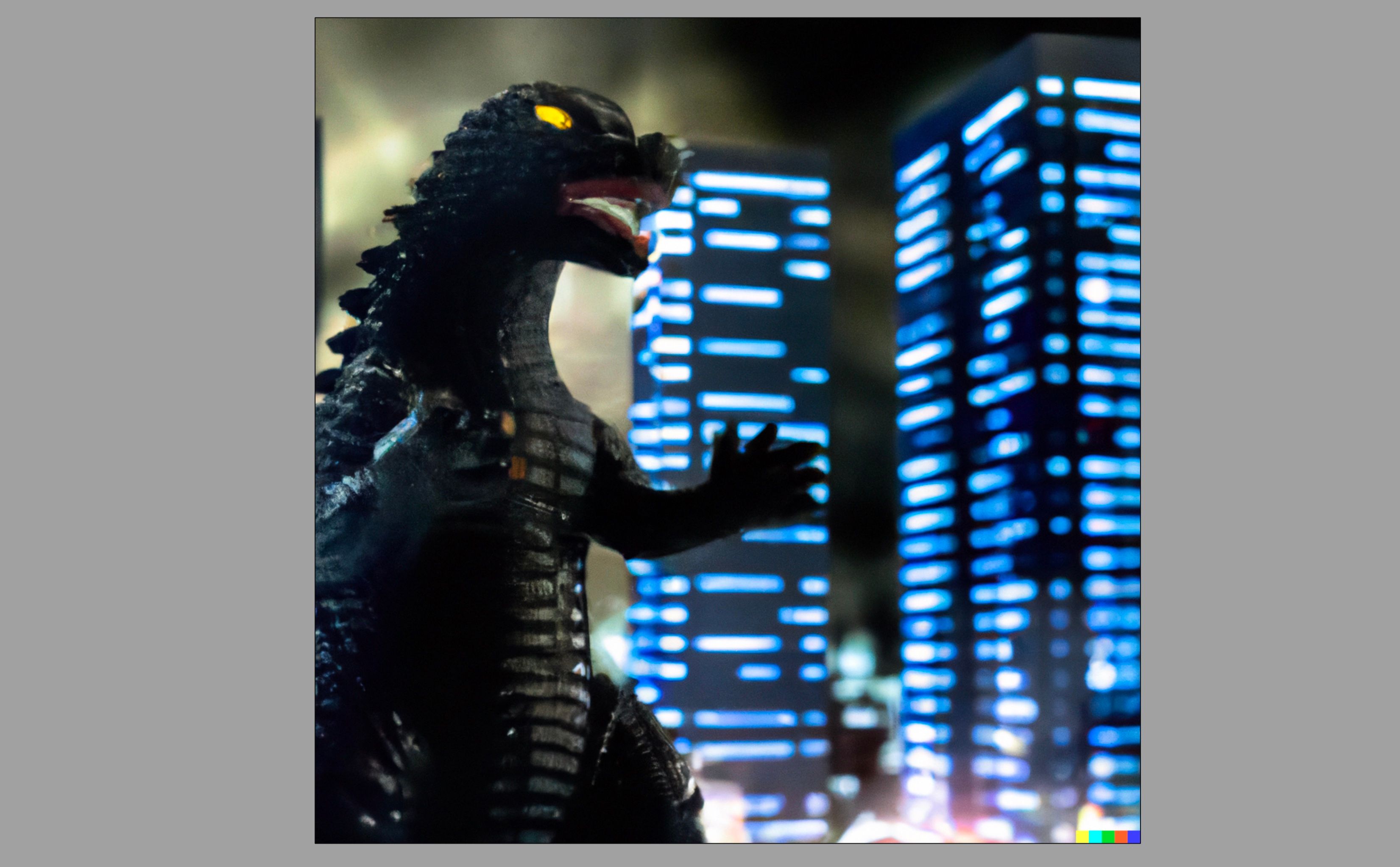 Imagem gerada por IA da estatueta de Godzilla contra uma cidade