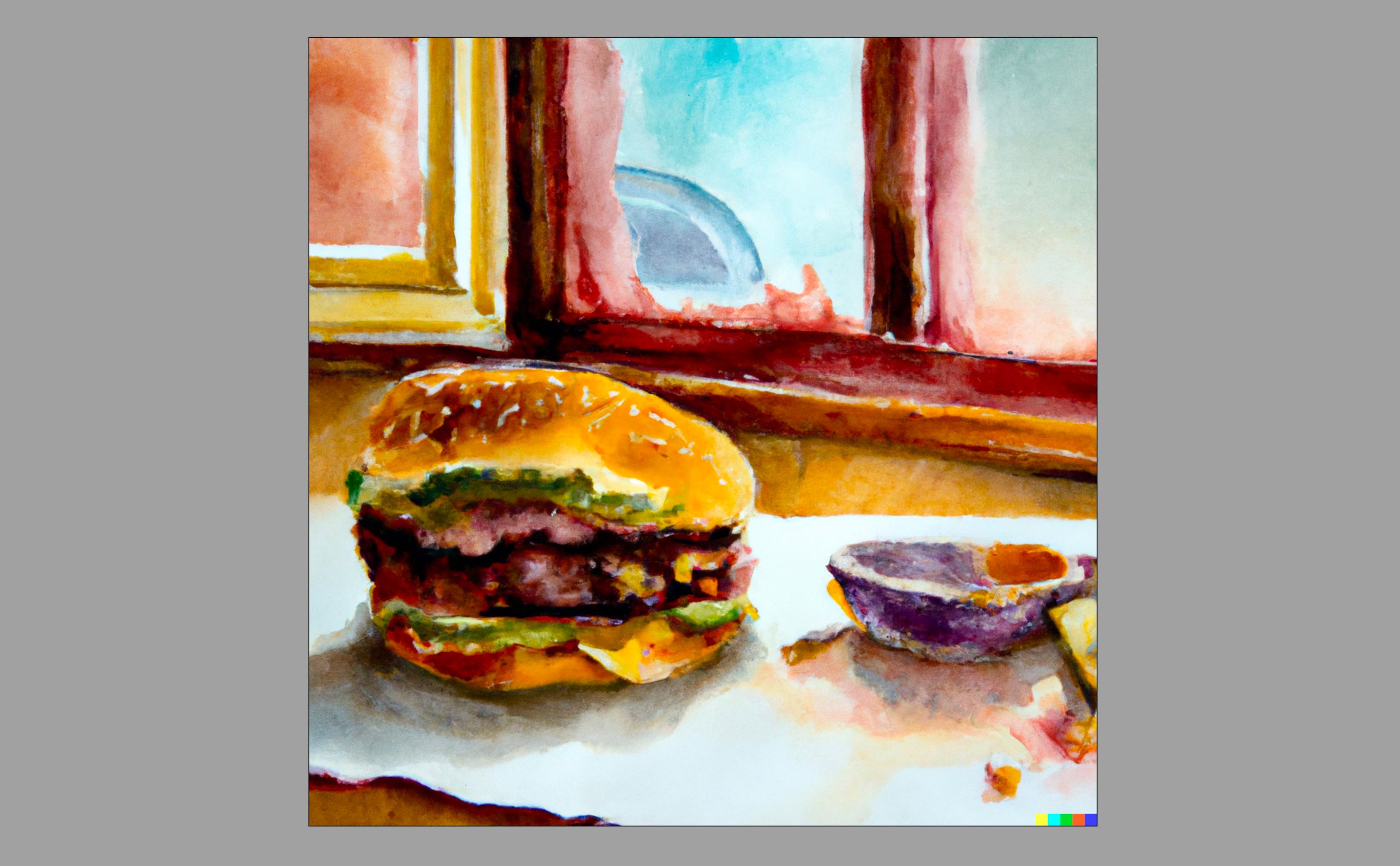 Imagem gerada por IA de um hambúrguer em uma mesa no estilo de pinturas em aquarela de natureza morta