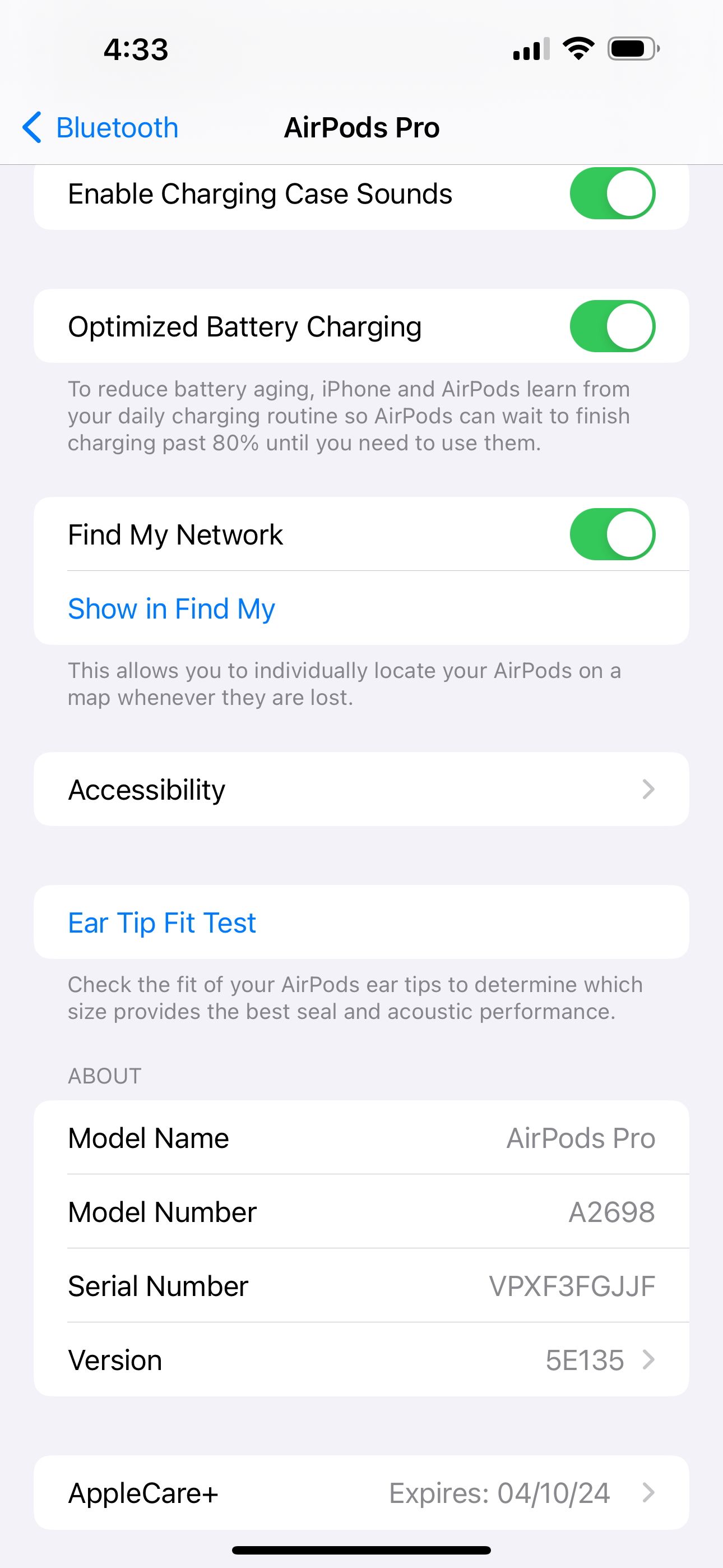 AirPods settings showing Find My Network toggle in iOS
