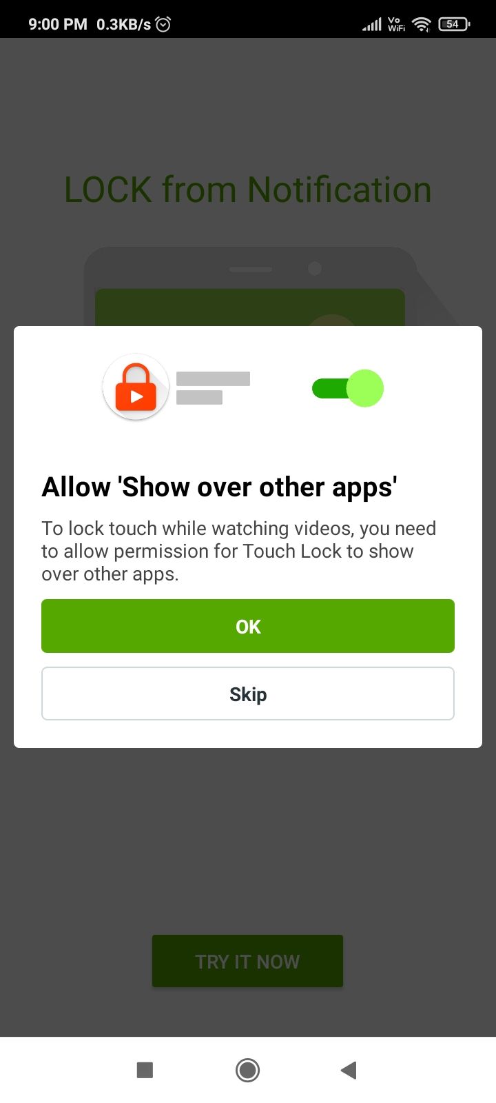 در برنامه Touch Lock گزینه Show over other apps را مجاز کنید