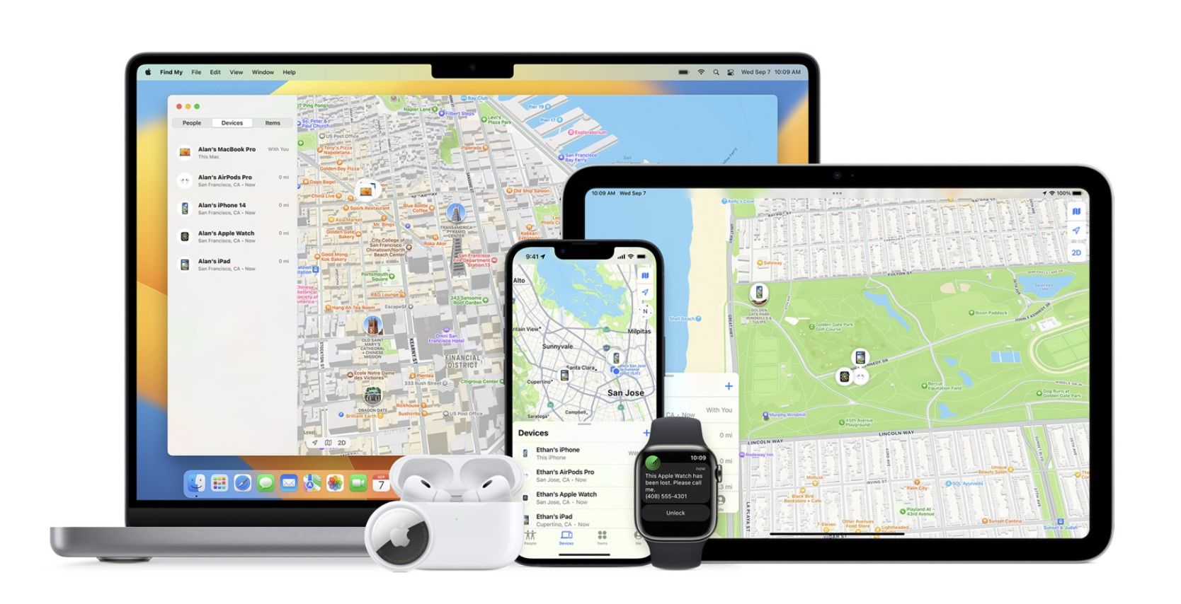 Apple devices showcasing Find My service