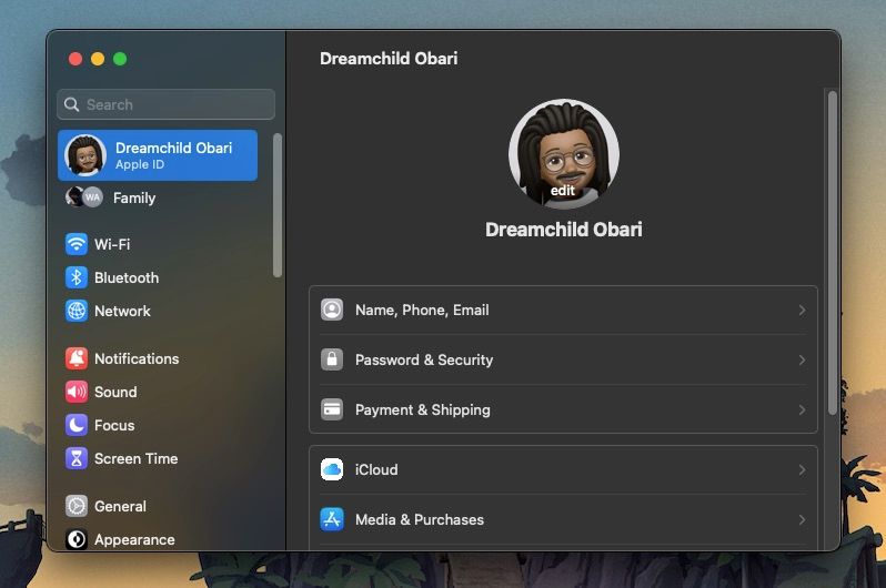 Apple ID and iCloud settings in System Settings on macOS Ventura