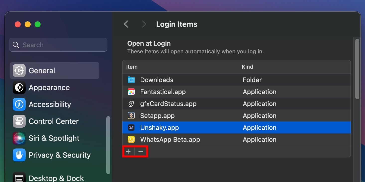 The Login Items section in System Settings on macOS Sonoma with the Add and Remove buttons highlighted
