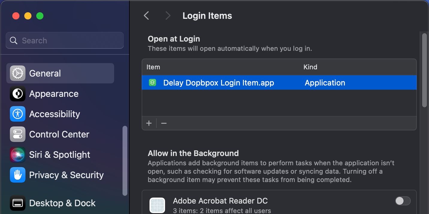 The Dropbox Login Item in the list of login items in macOS System Settings