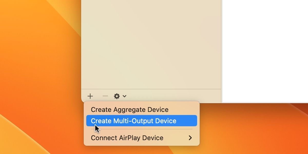 A opção Criar dispositivo de saída múltipla no aplicativo Configuração de áudio MIDI no macOS