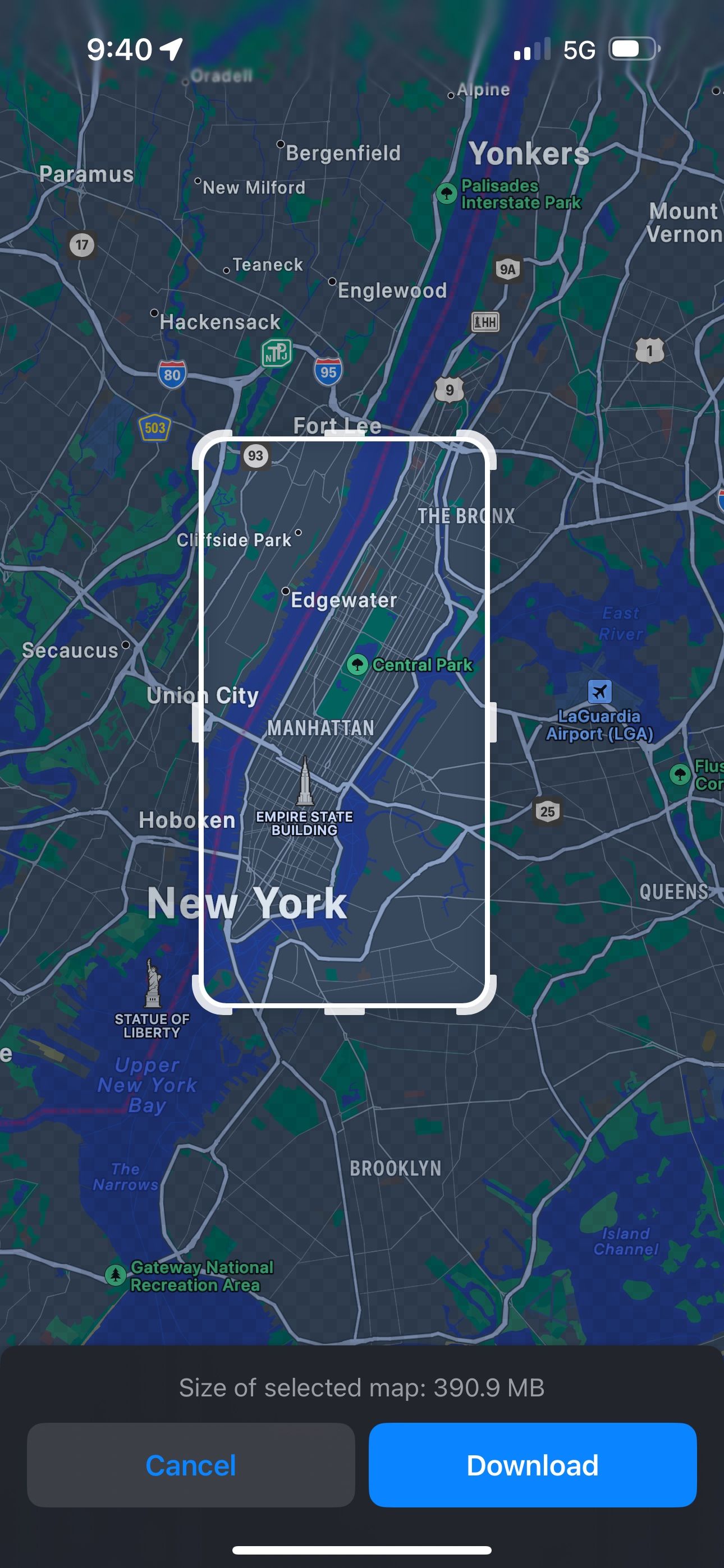 تنظیم اندازه نقشه آفلاین شهر نیویورک در نقشه اپل iOS 17