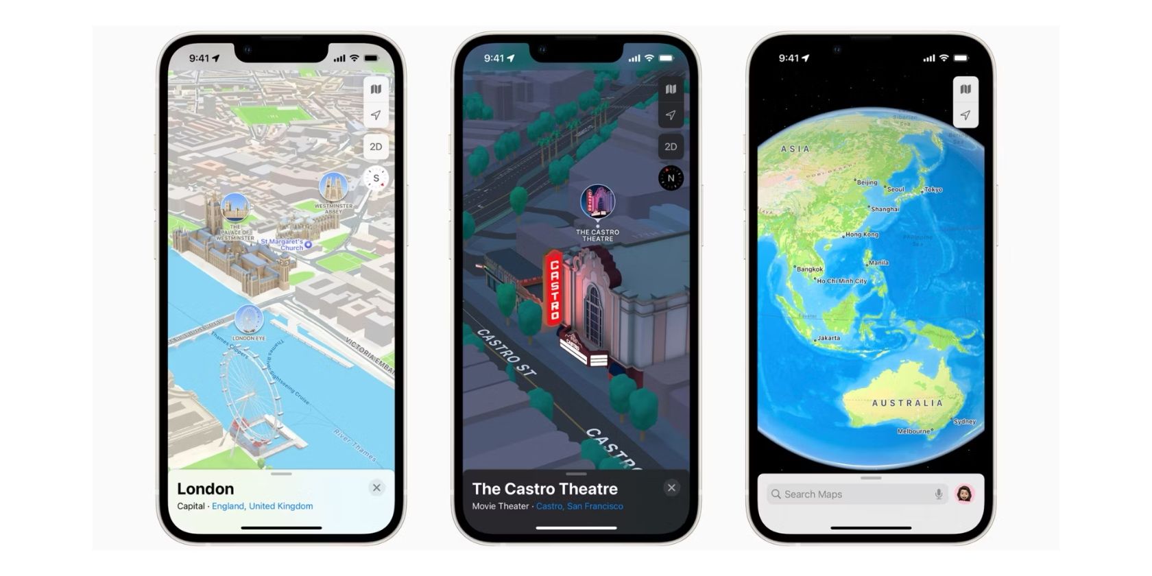 Apple Maps running on three different iPhones and showing three different locations