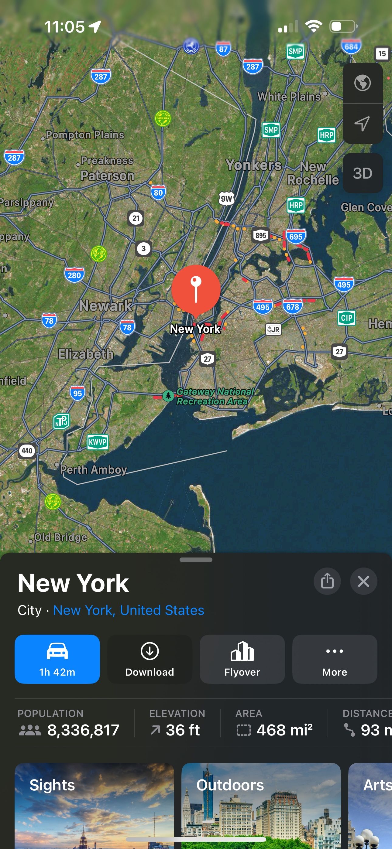 دکمه دانلود نقشه آفلاین شهر نیویورک در Apple Maps iOS 17