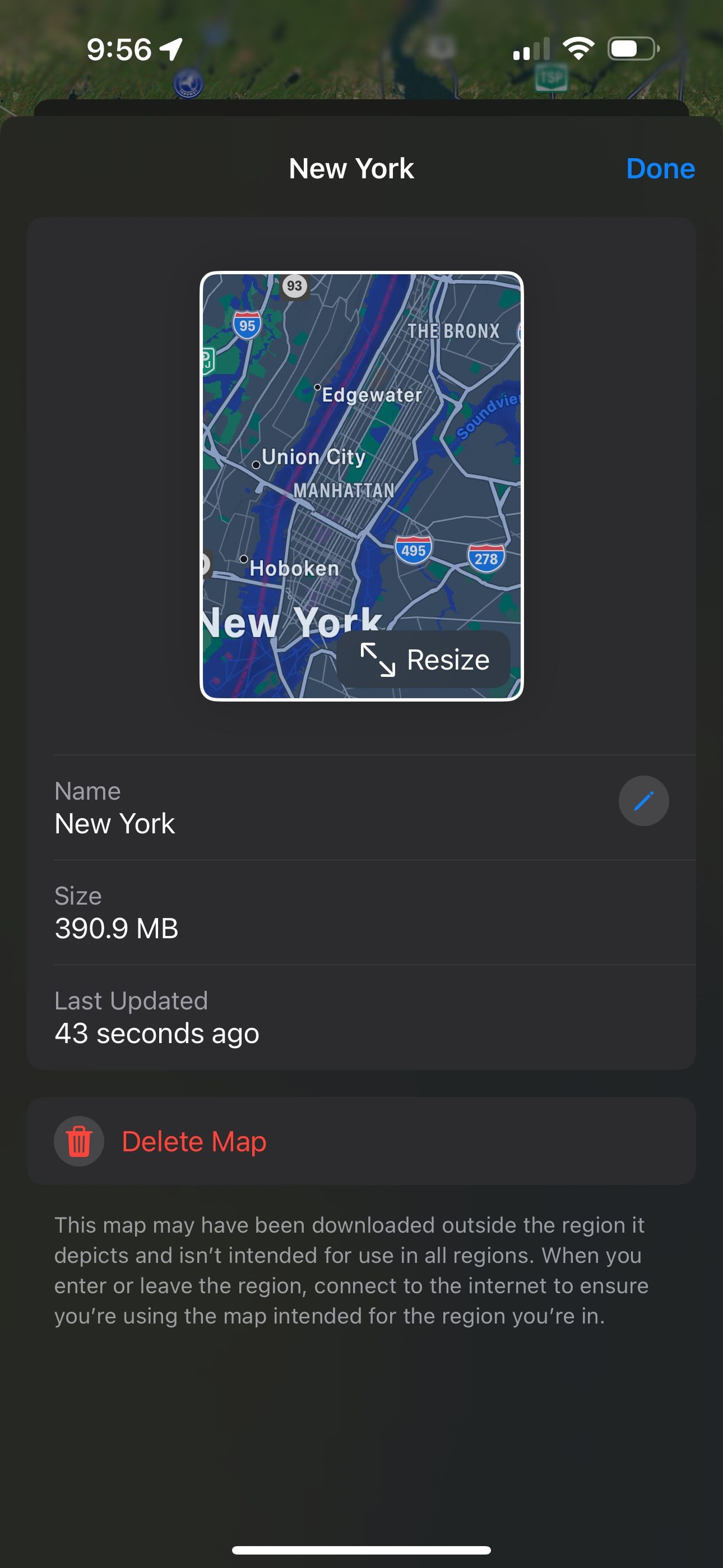 تغییر اندازه نقشه آفلاین شهر نیویورک در iOS 17