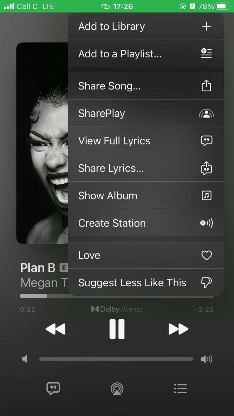 Opções de menu do Apple Music no aplicativo móvel
