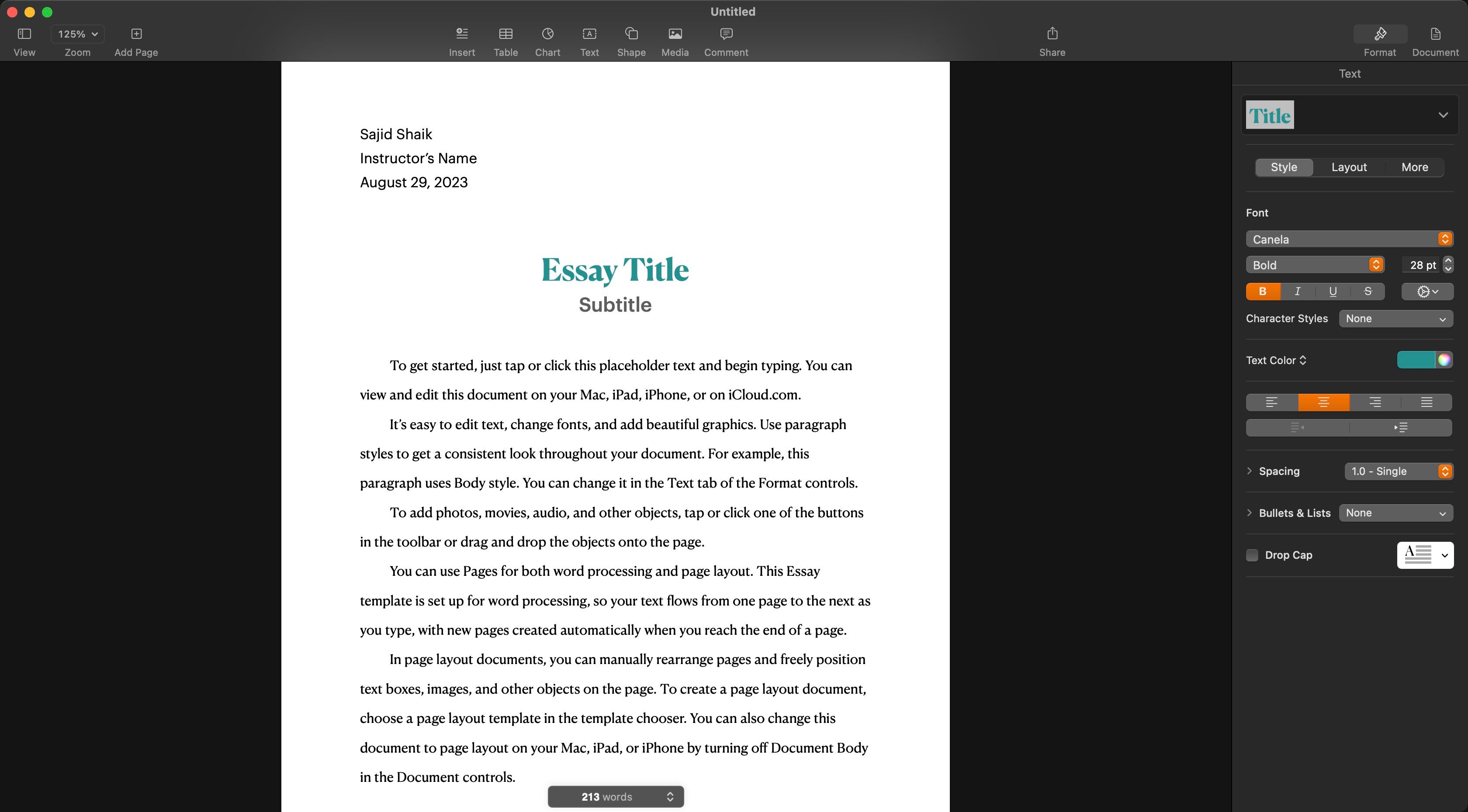 Apple Pages com um modelo de relatório de redação aberto