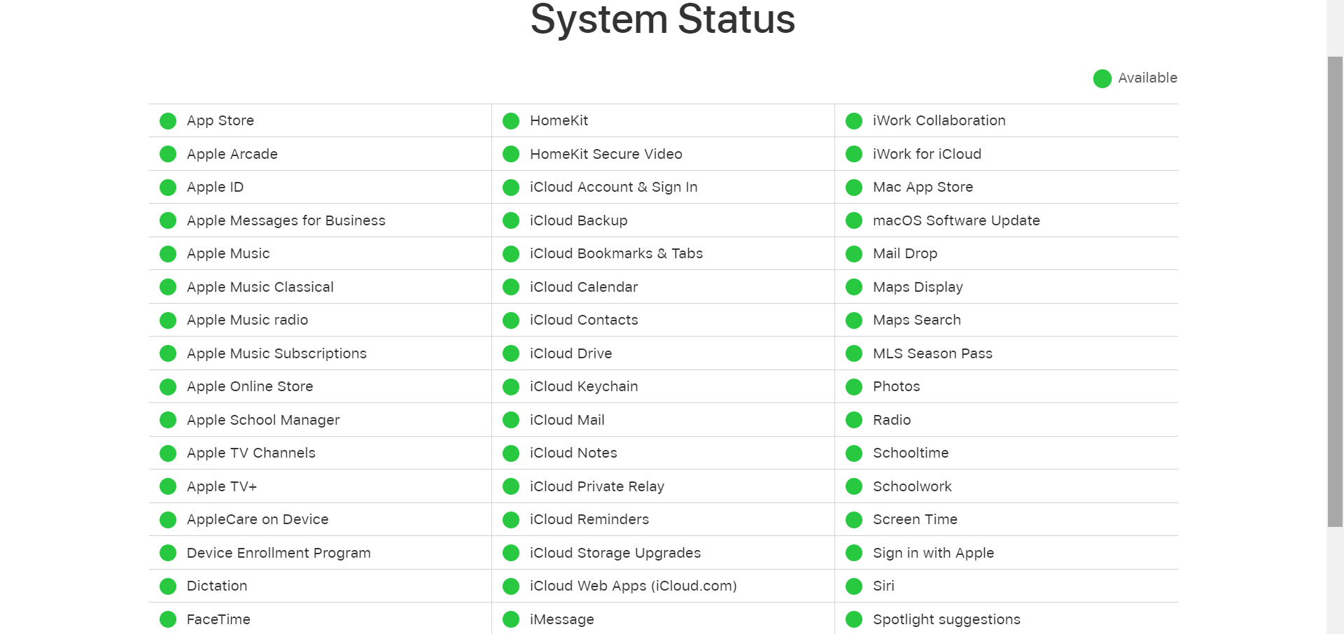 status do servidor Apple