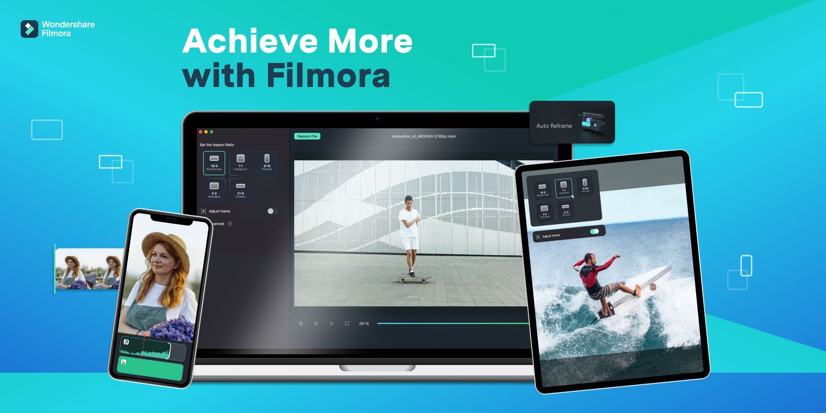 Wondershare Filmora software on tablet, phone, and laptop with blue background