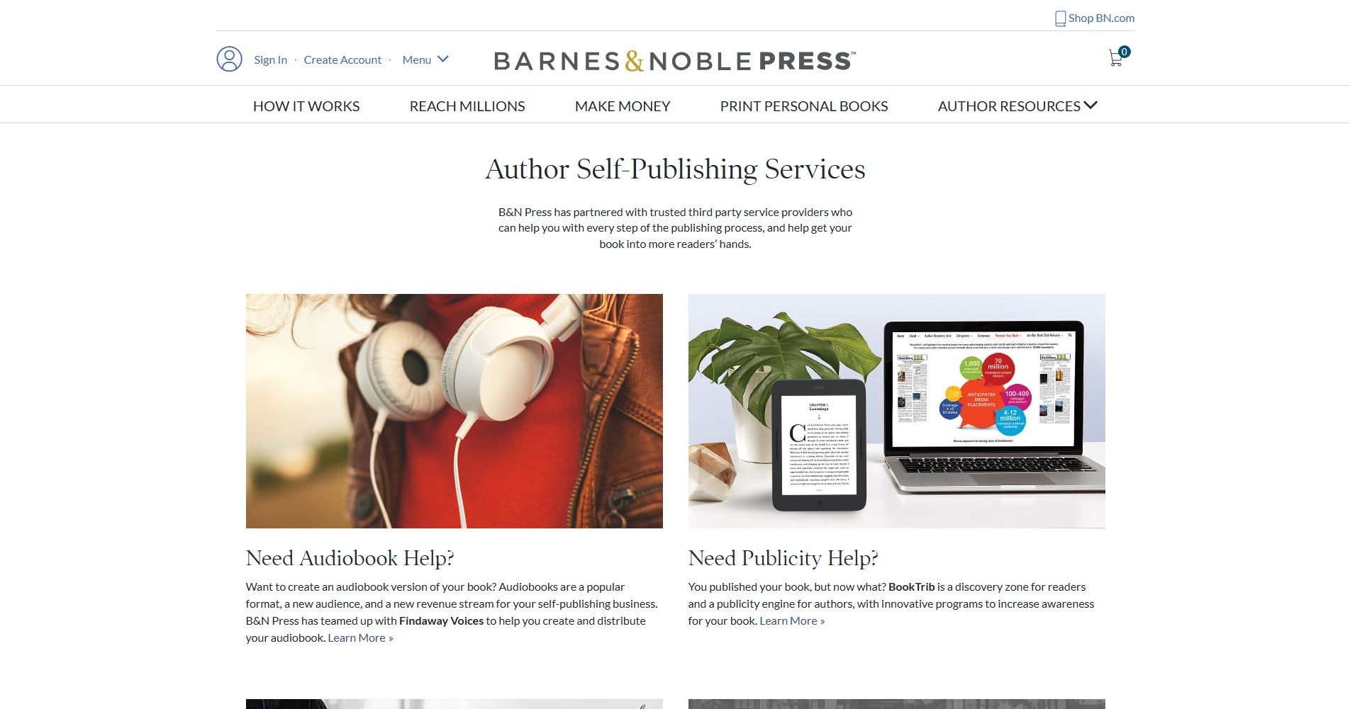 A página inicial na plataforma de publicação da Barnes and Noble Press