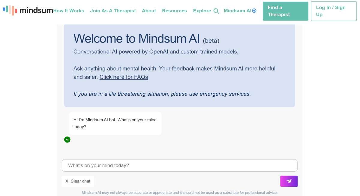 Mindsum AI is a chat therapist tool to find out more information about mental health theories and practices