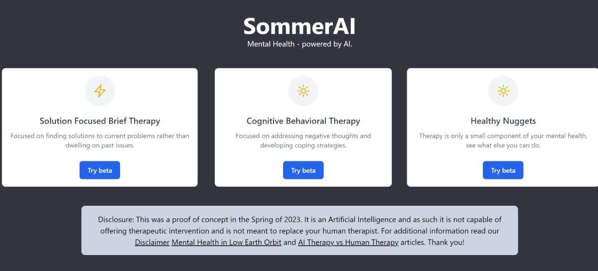 SommerAI is trained on CBT and SFBT models of psychological treatment to provide mental health through a chat bot