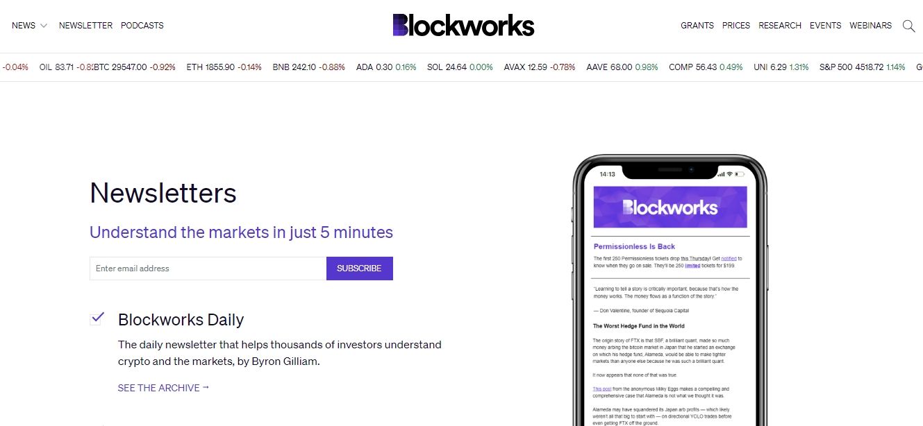 Screenshot of Blockworks Daily