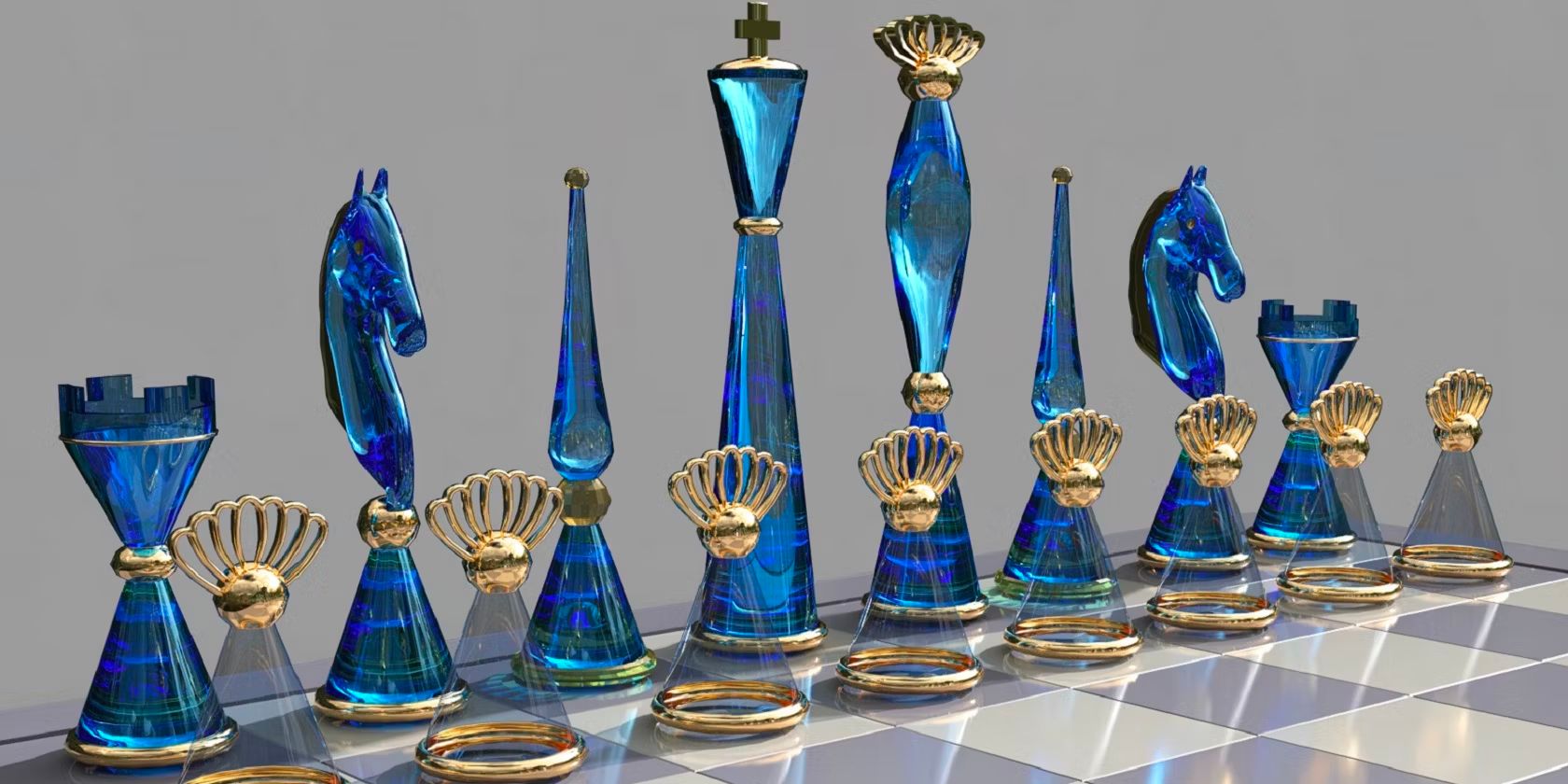 A grey and white chess board with blue glass pieces