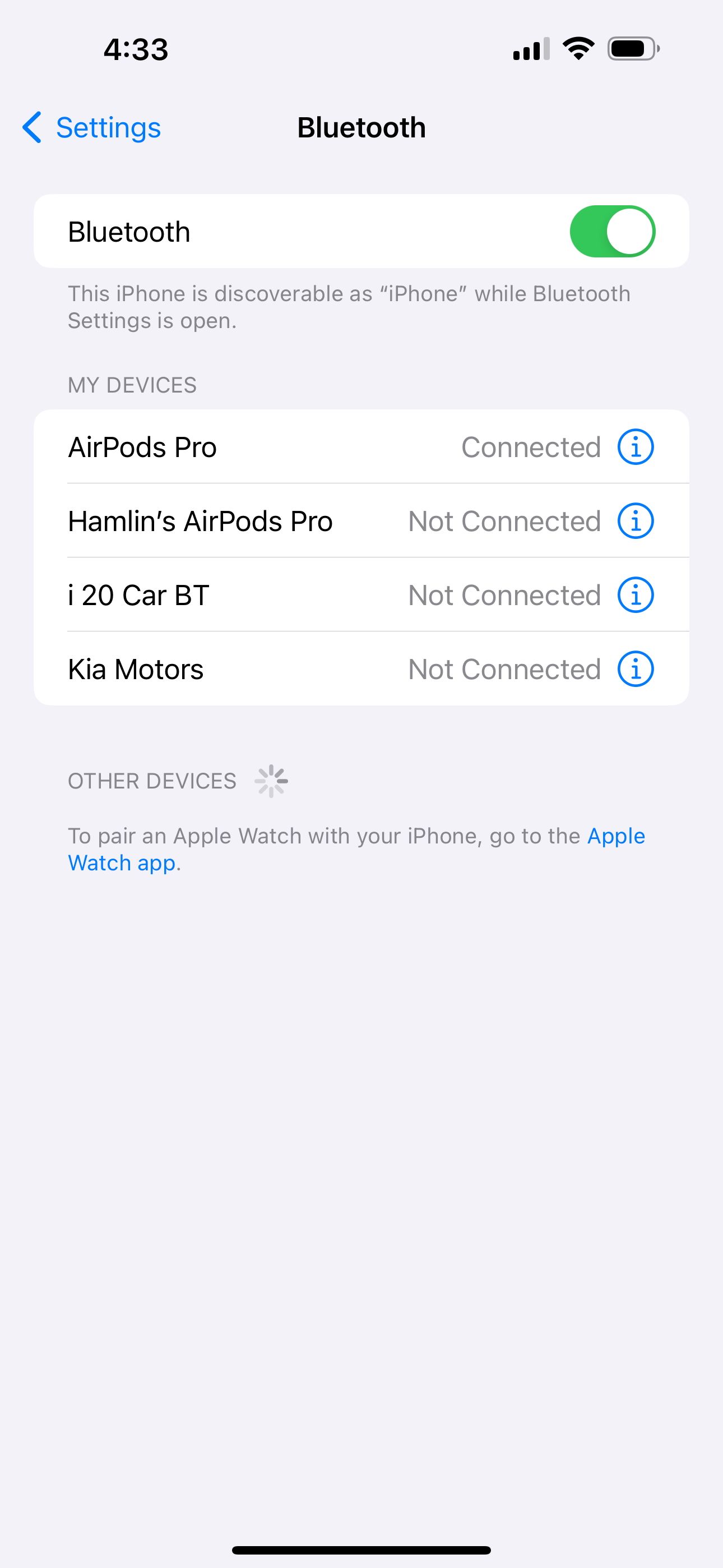 Bluetooth settings in iOS