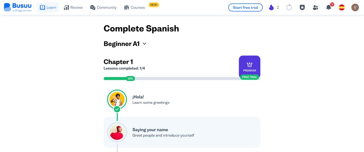 Página do Busuu para aprender espanhol