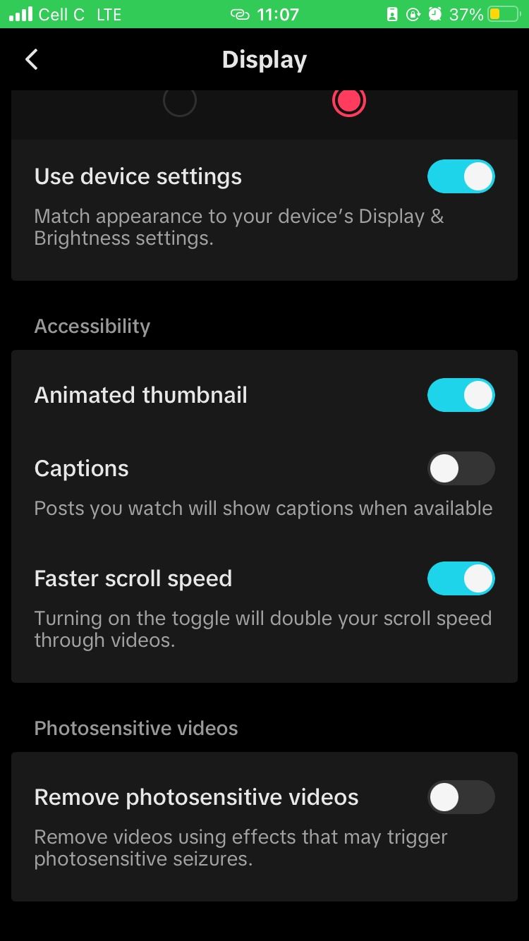 Captions are disabled in TikTok's display settings on iOS app