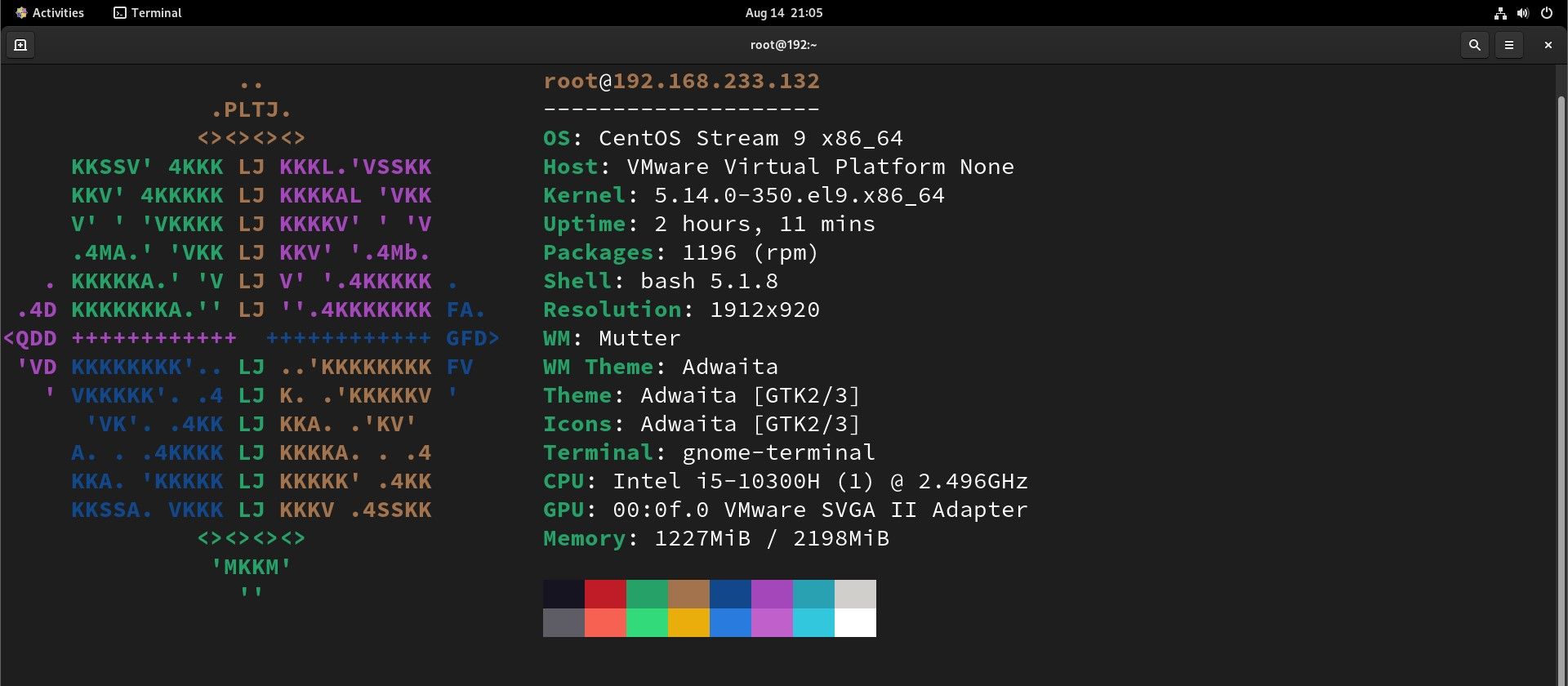 CentOS 9 OS properties listed in terminal window