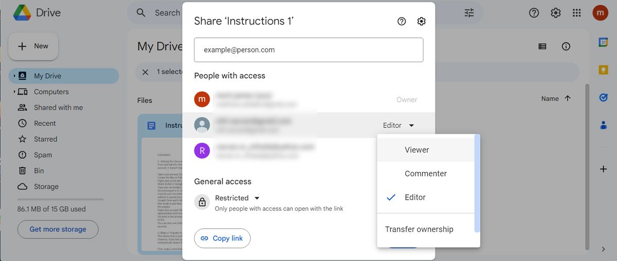 Change permissions for shared Google Drive files