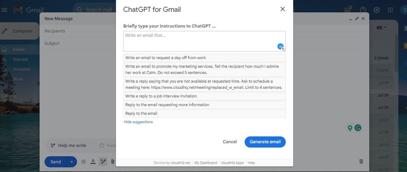 اسکرین شات ChatGPT برای Gmail