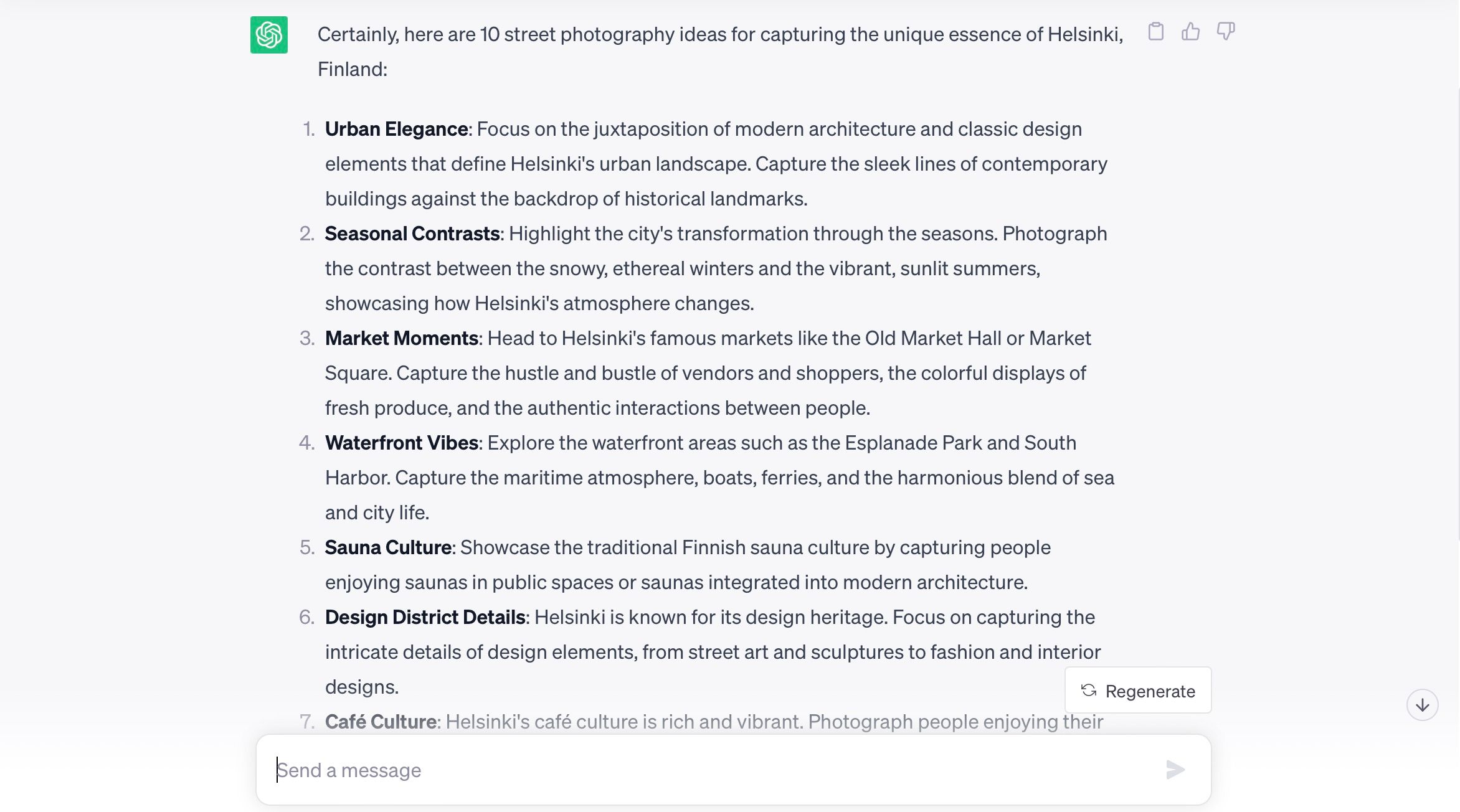 Une invite de ChatGPT montrant aux utilisateurs une sélection de différentes idées de photographie de rue.