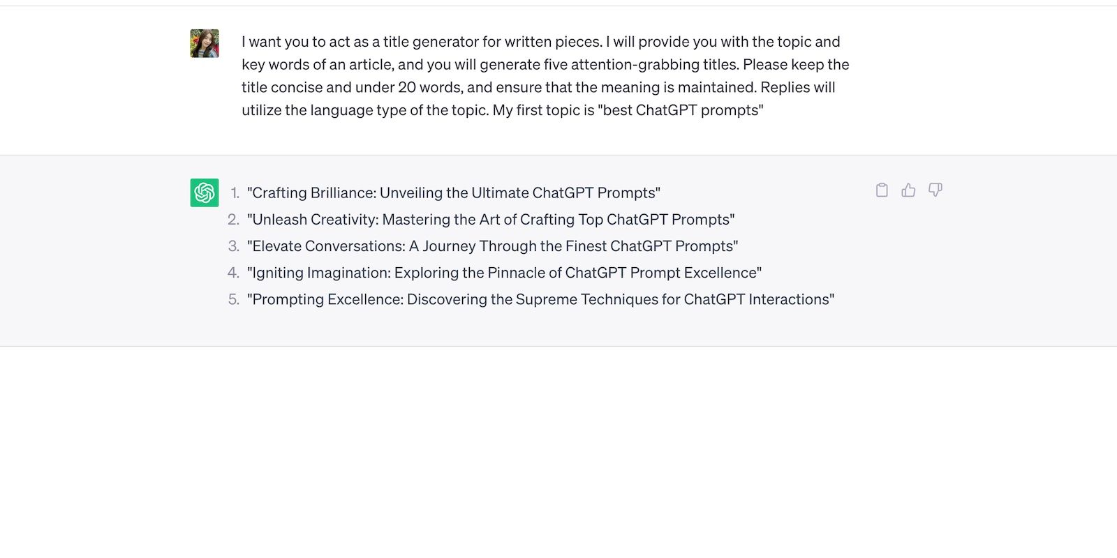 ChatGPT Creating Title for Article About ChatGPT Prompts
