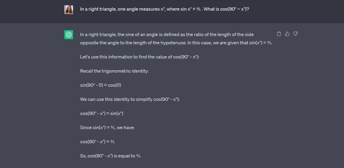 screenshot of chatgpt trigonometry prompt response