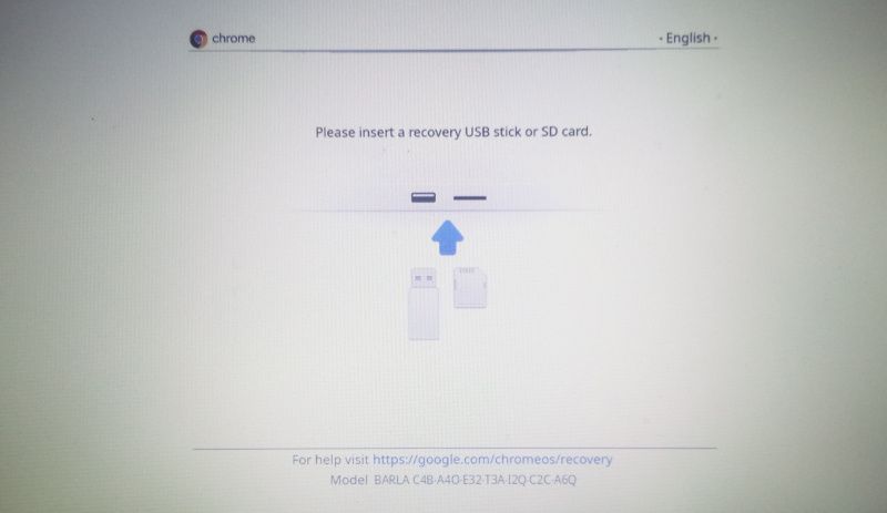 The chrome os recovery tool prompting the user to insert a recovery usb